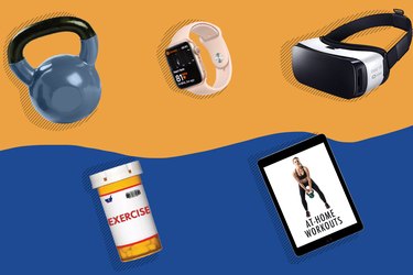 illustration of 2020 fitness trends, including kettlebells, VR headset, and high-tech at-home workouts
