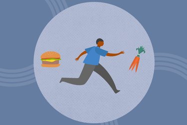 concept illustration of going vegan with person running from burger toward carrots