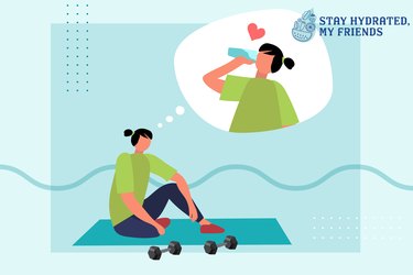 Custom graphic showing person working out on mat, thinking about drinking water