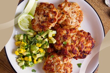 Organic Chicken Breakfast Patties on a white plate and side of corn salsa