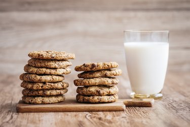 Milk and cookies, homemade with chocolate chips.