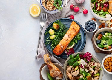 Nutritious food assortment on light background to show how to get rid of love handles for women and men
