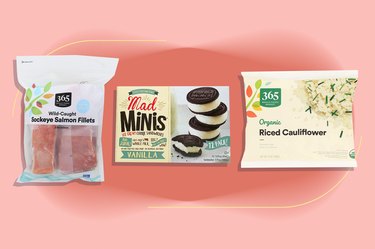 collage of best things to buy at whole foods with 3 products. on pink background