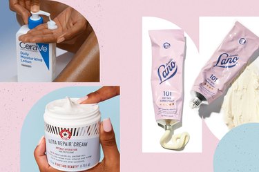a collage of three of the best lotions for dry skin on a light pink and light blue mixed media background