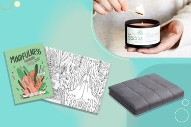 a collage of some of the best self-care gifts, including a customized candle, a mindfulness coloring book, and a gray weighted blanket on a teal background