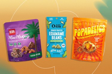 collage of 3 high fiber snacks on orange background