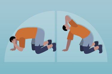 illustration of a man demonstrating the quadruped t-spine rotation stretch