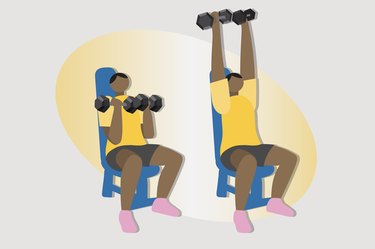 Illustration of someone doing an Arnold press with dumbbells while seated on a workout bench
