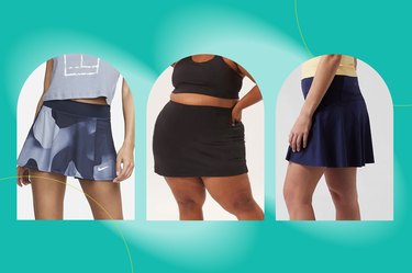 Nike, Girlfriend Collective and Athleta tennis skirts on a teal background as examples of best tennis skirts for the court.