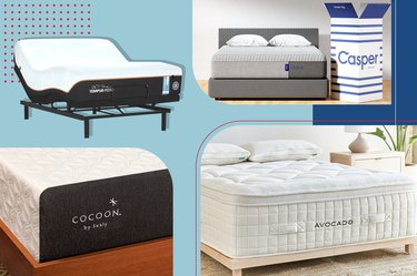 A close-up of four mattresses on a light and dark blue background