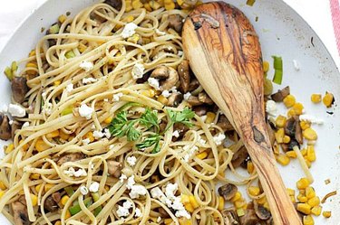 Leek Mushroom Fettuccine With Corn and Feta