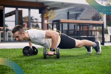 person doing a push-up renegade row with dumbbells during dumbbell challenge back and shoulder workout