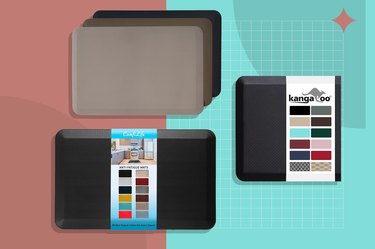 a collage of some of the best anti-fatigue mats on a light pink and blue background