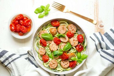 Sheet Pan Sausage, Pesto and Roasted Tomato Noodle Bowls