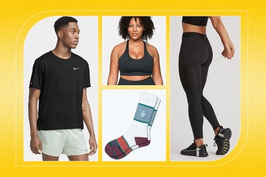 collage of what to wear running, including tops, bottoms, sports bras and socks
