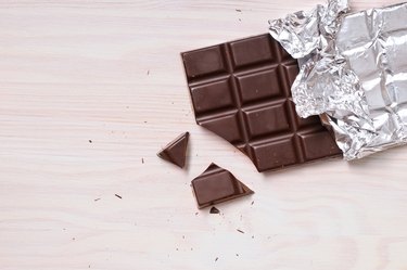 Detail of chocolate bar with silver wrapping top view